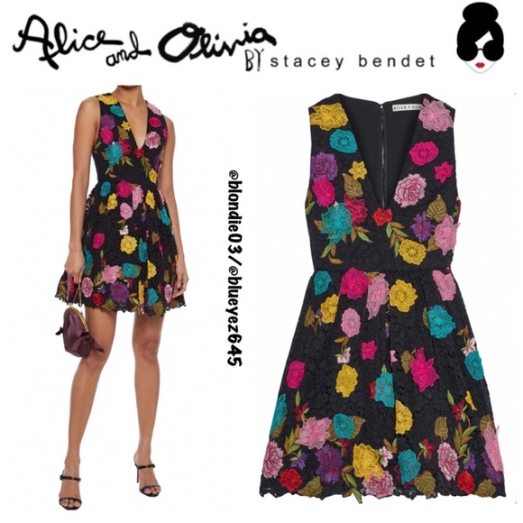 Alice + Olivia Becca floral-appliquéd embroidered corded lace mini dress 10 NWT